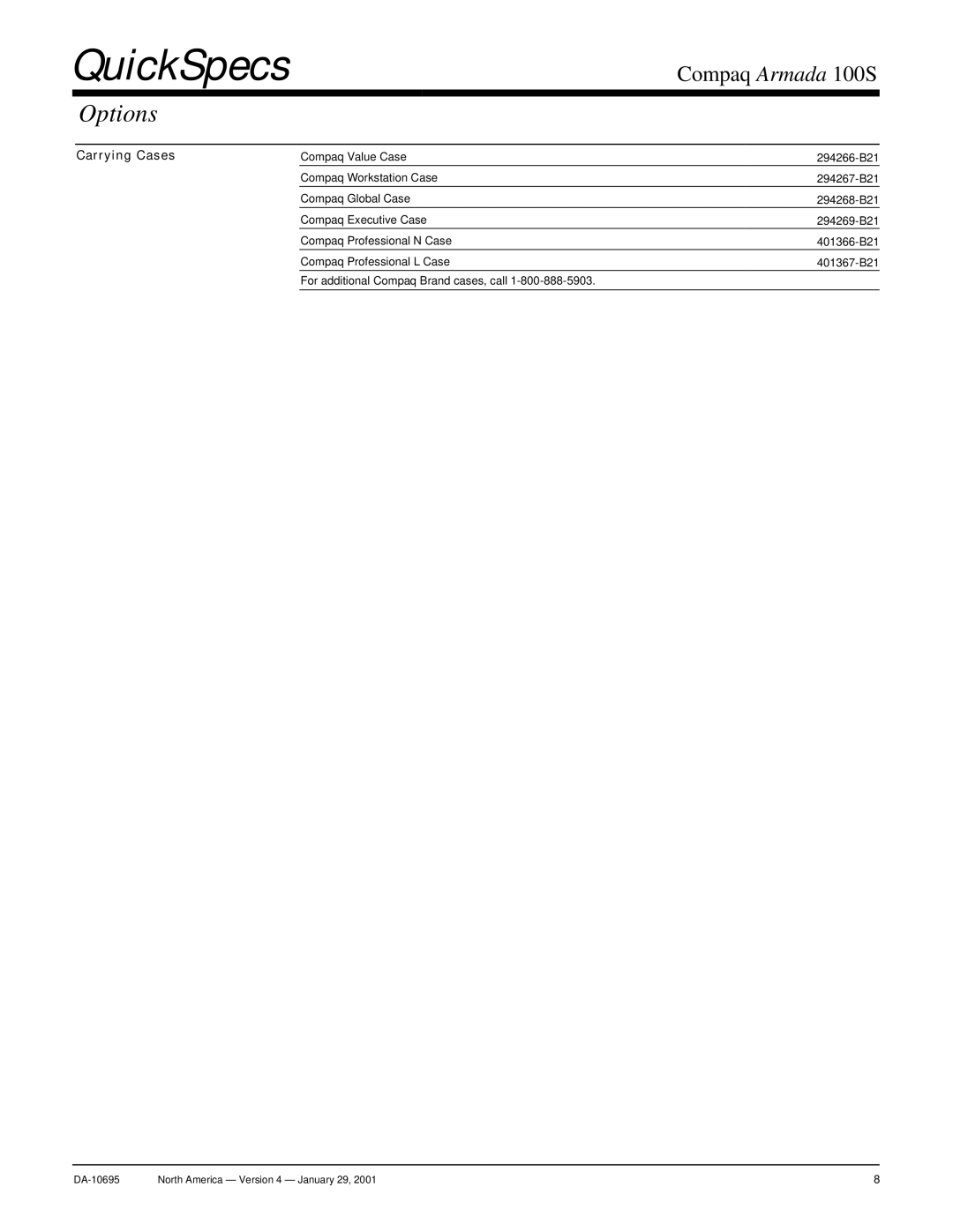 Compaq 100S warranty Carrying Cases 