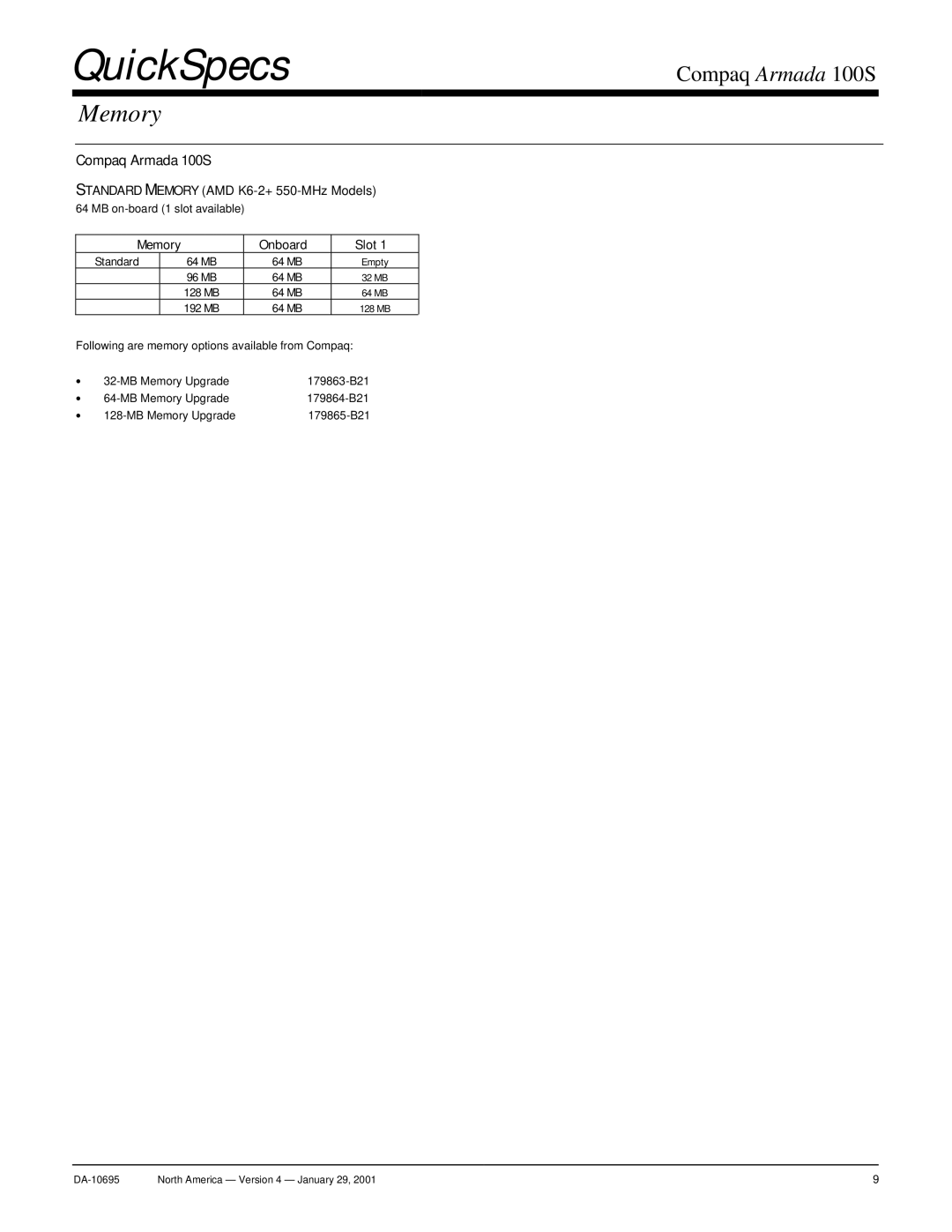 Compaq 100S warranty Memory Onboard Slot 