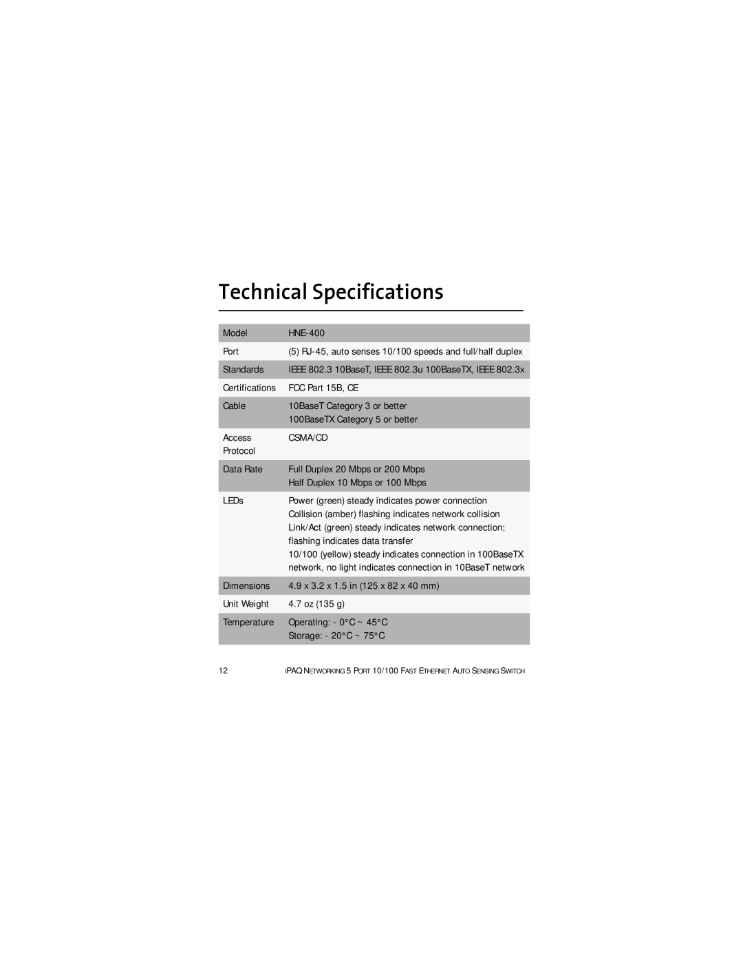 Compaq 10/100 setup guide Technical Specifications, Csma/Cd 