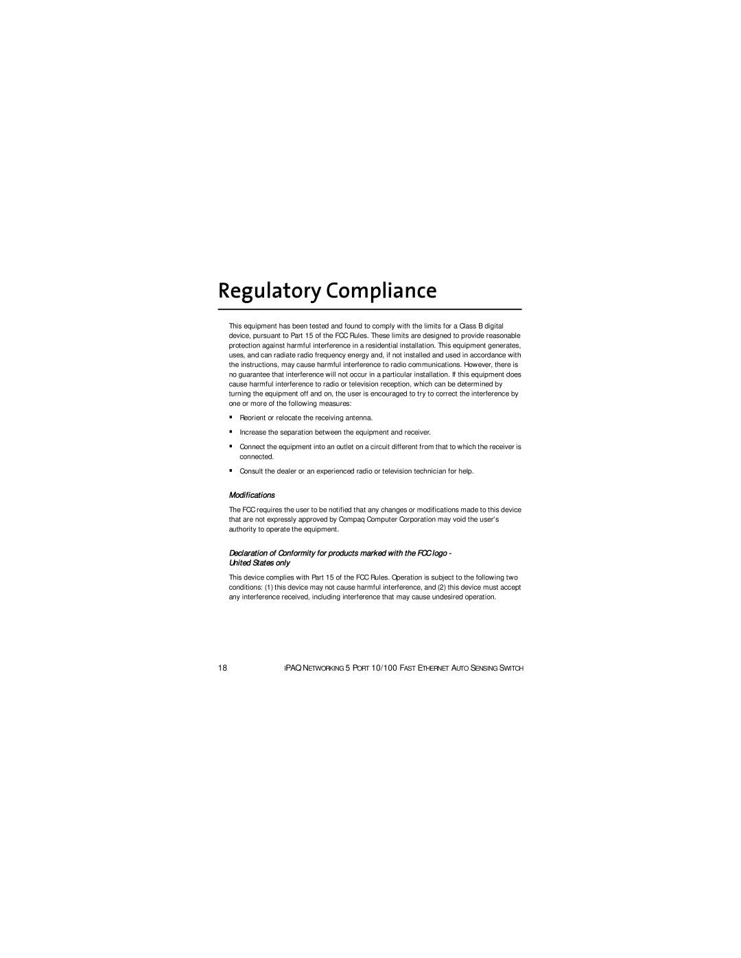 Compaq 10/100 setup guide Regulatory Compliance, Modifications 