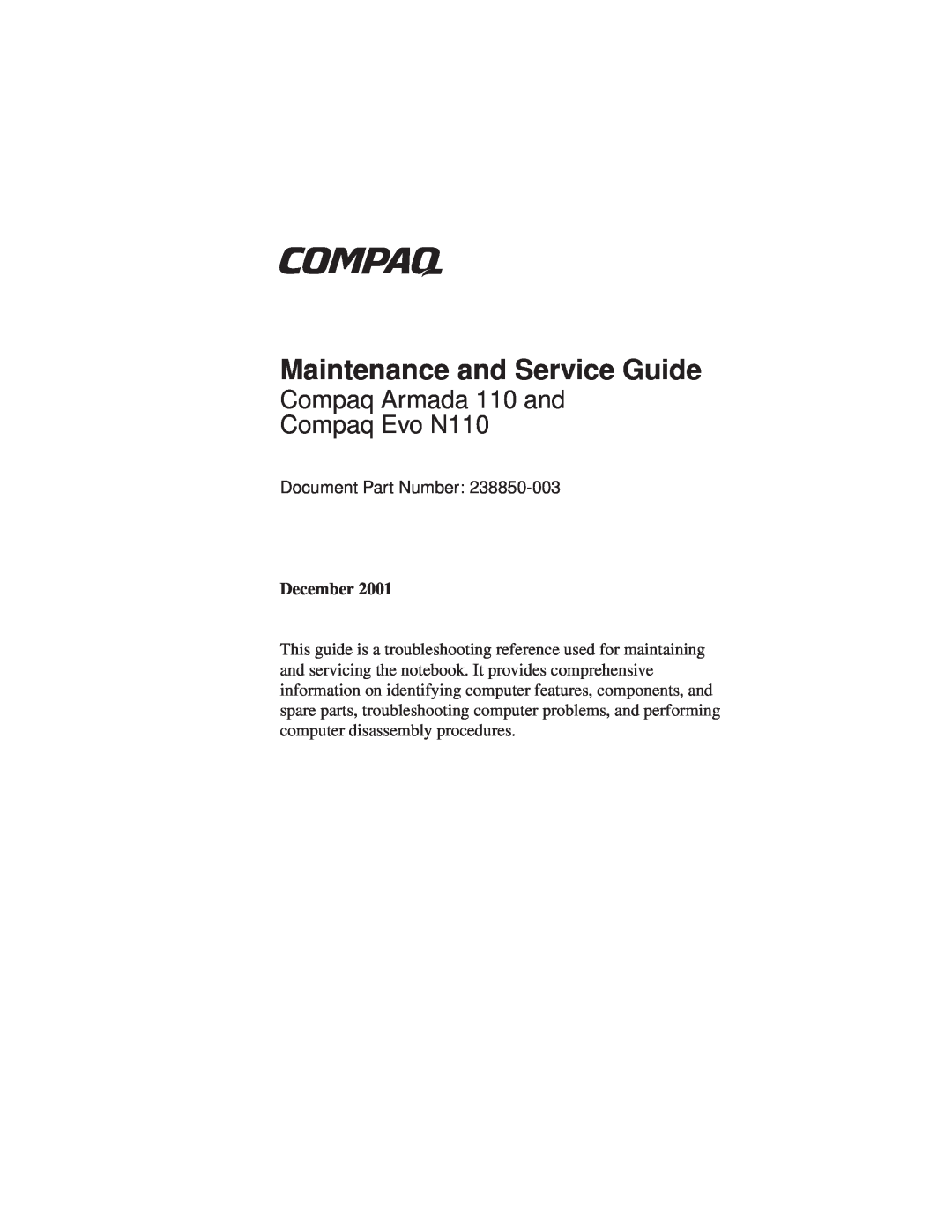 Compaq manual December, Maintenance and Service Guide, Compaq Armada 110 and Compaq Evo N110, Document Part Number 