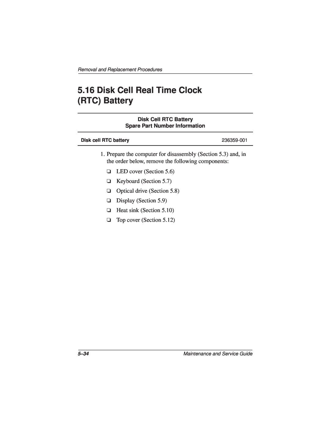 Compaq N110 manual Disk Cell Real Time Clock RTC Battery, Disk Cell RTC Battery Spare Part Number Information 