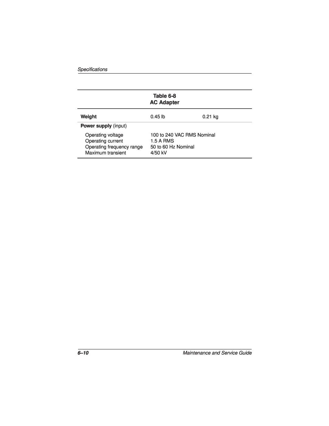 Compaq N110 manual AC Adapter, Specifications, 6-10 