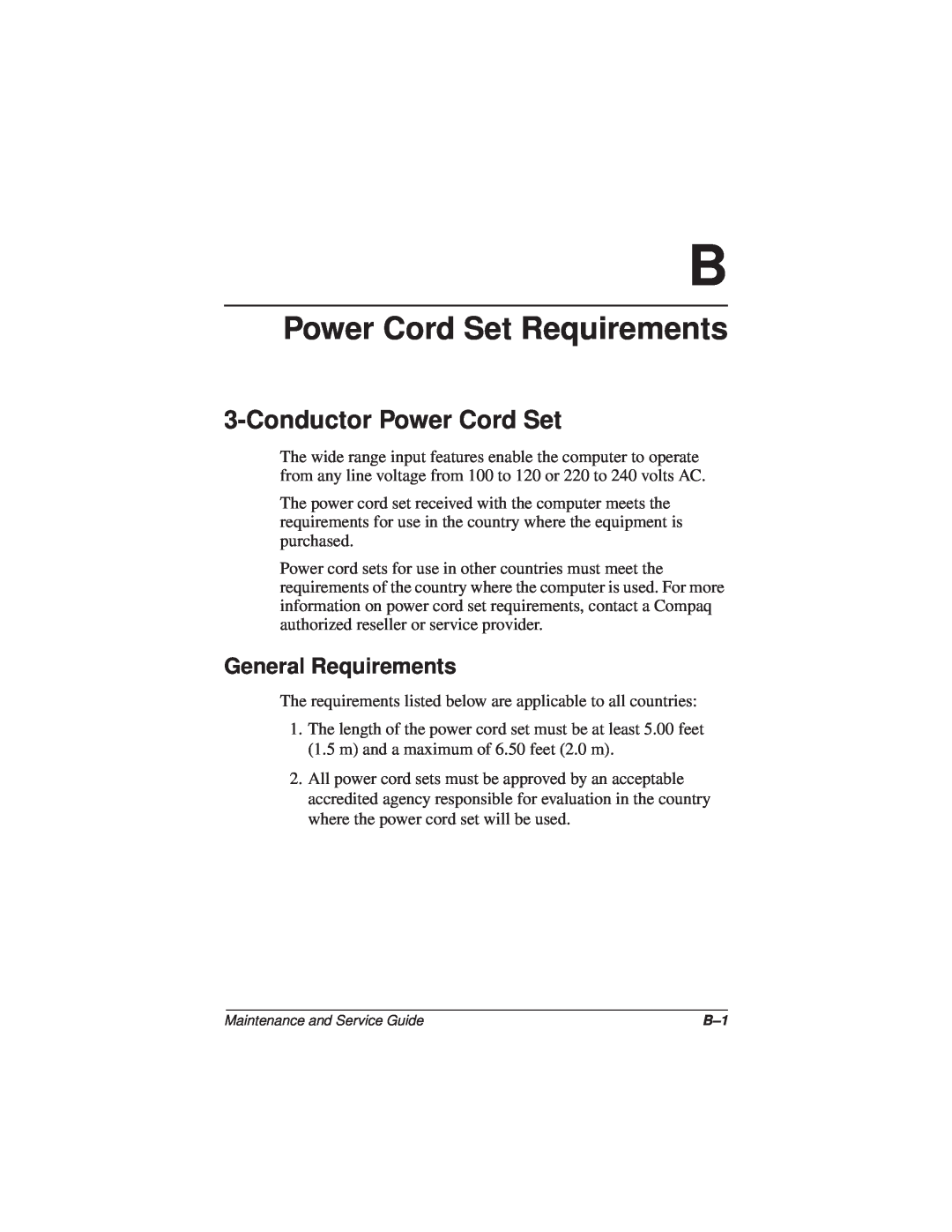 Compaq N110 manual Power Cord Set Requirements, Conductor Power Cord Set, General Requirements 