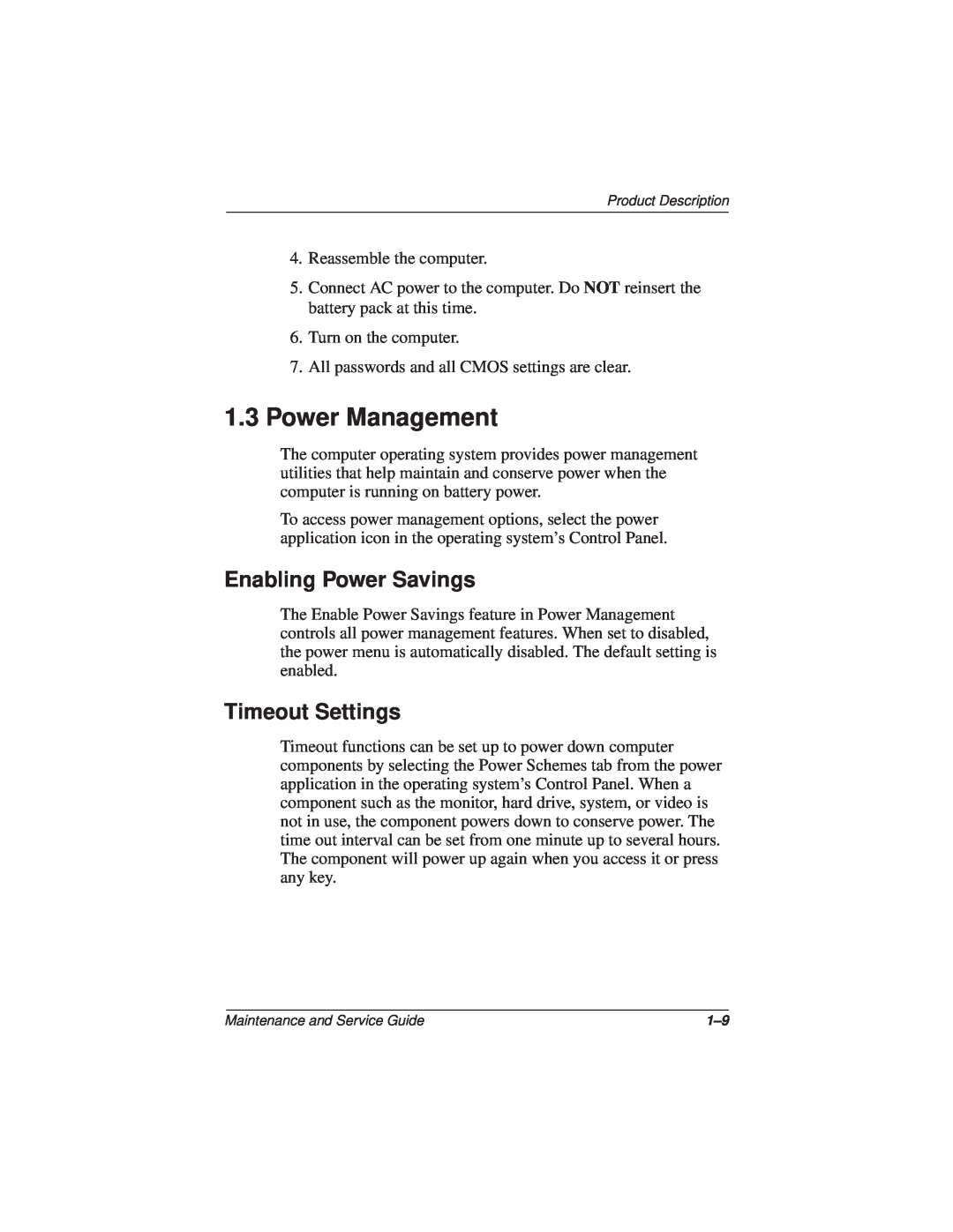 Compaq N110 manual Power Management, Enabling Power Savings, Timeout Settings 