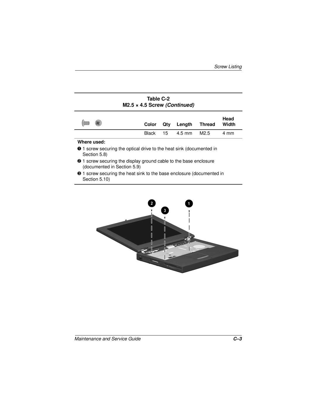 Compaq N110 manual Table C-2 M2.5 × 4.5 Screw Continued, Screw Listing, Maintenance and Service Guide 