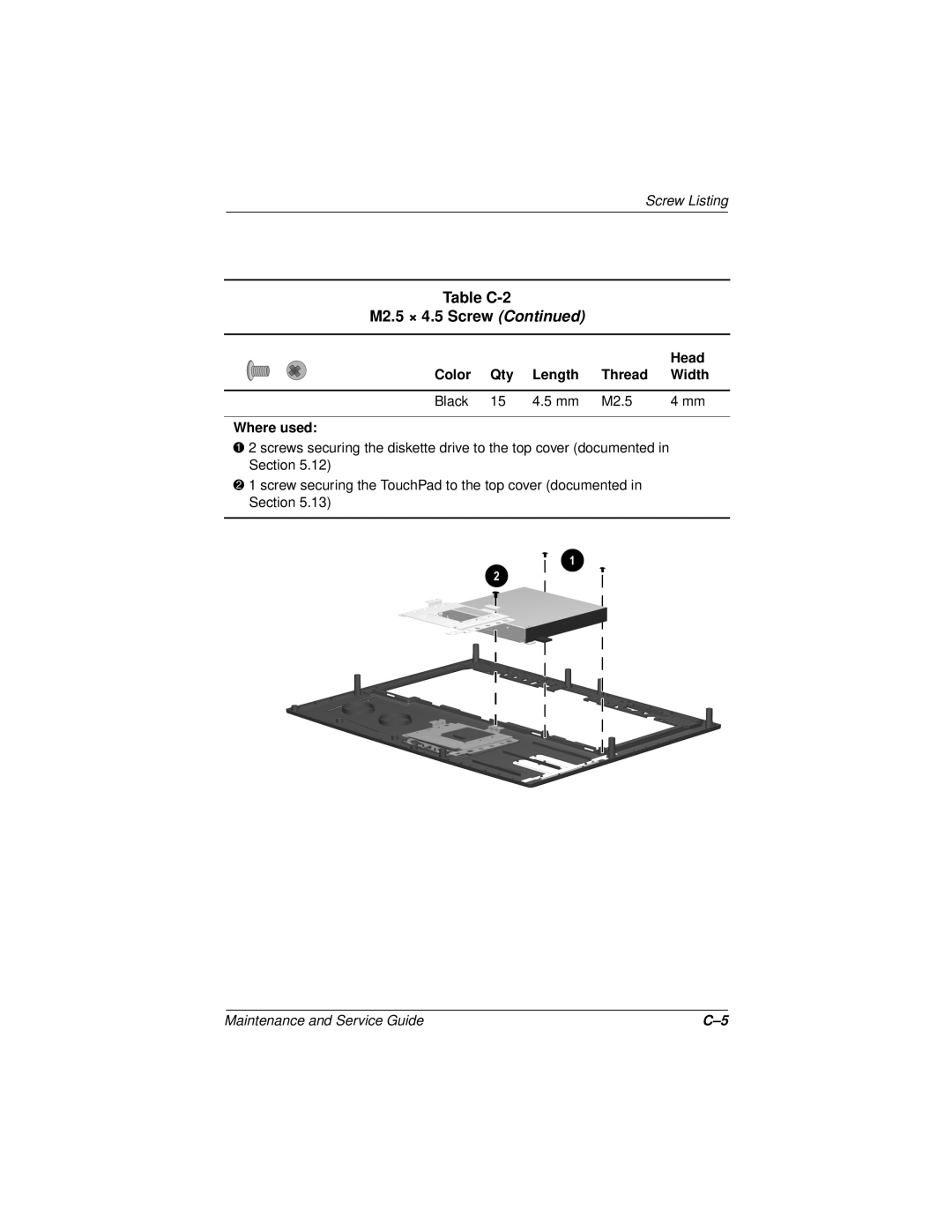 Compaq N110 manual Table C-2 M2.5 × 4.5 Screw Continued, Screw Listing, Maintenance and Service Guide 