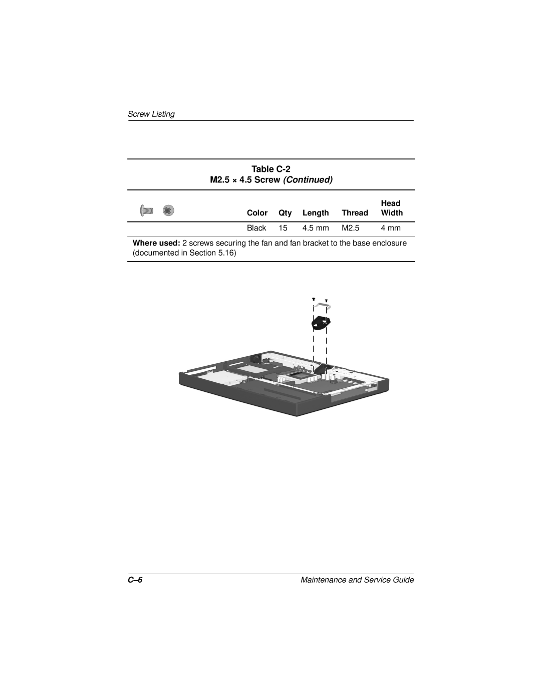 Compaq N110 manual Table C-2 M2.5 × 4.5 Screw Continued, Screw Listing 