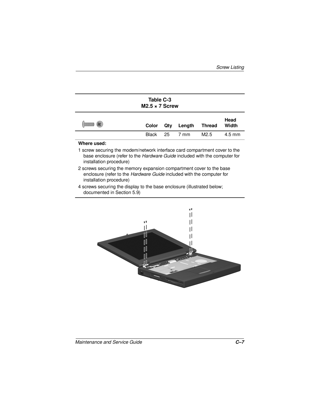 Compaq N110 manual Table C-3 M2.5 × 7 Screw, Screw Listing, Maintenance and Service Guide 