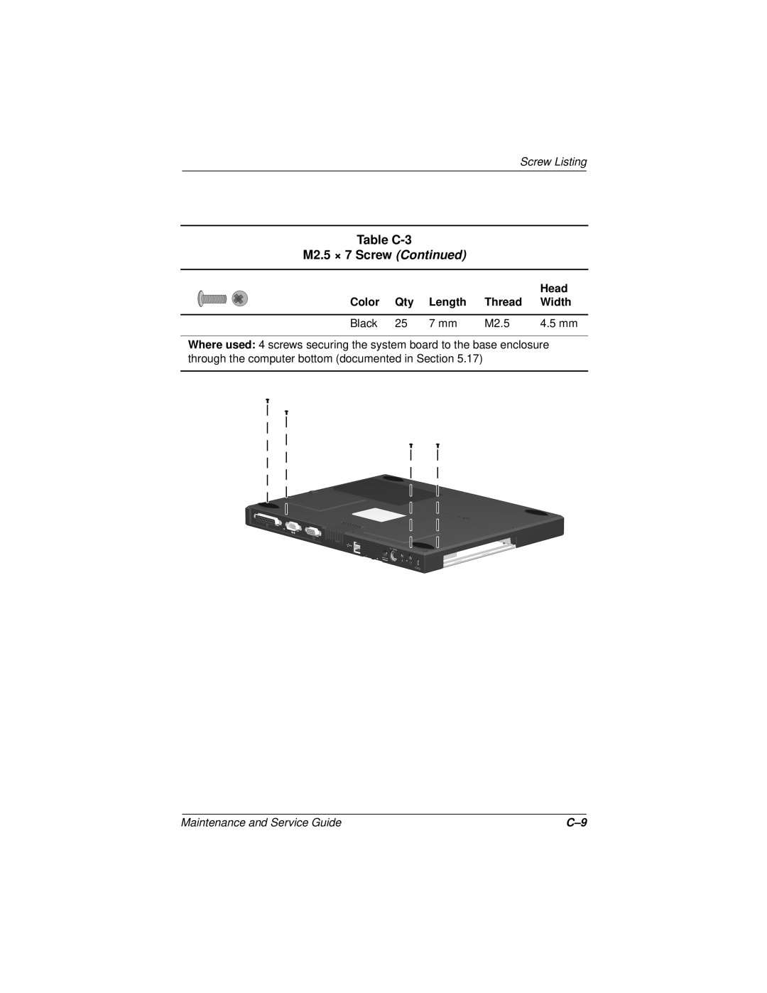 Compaq N110 manual Table C-3 M2.5 × 7 Screw Continued, Screw Listing, Maintenance and Service Guide 