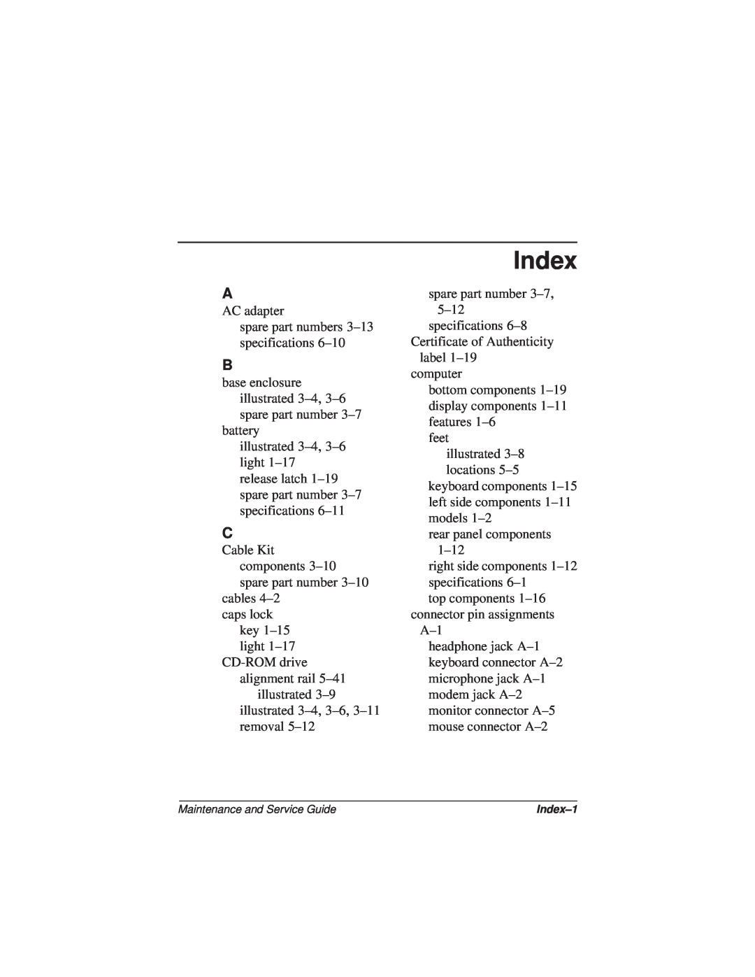 Compaq N110 manual Index 