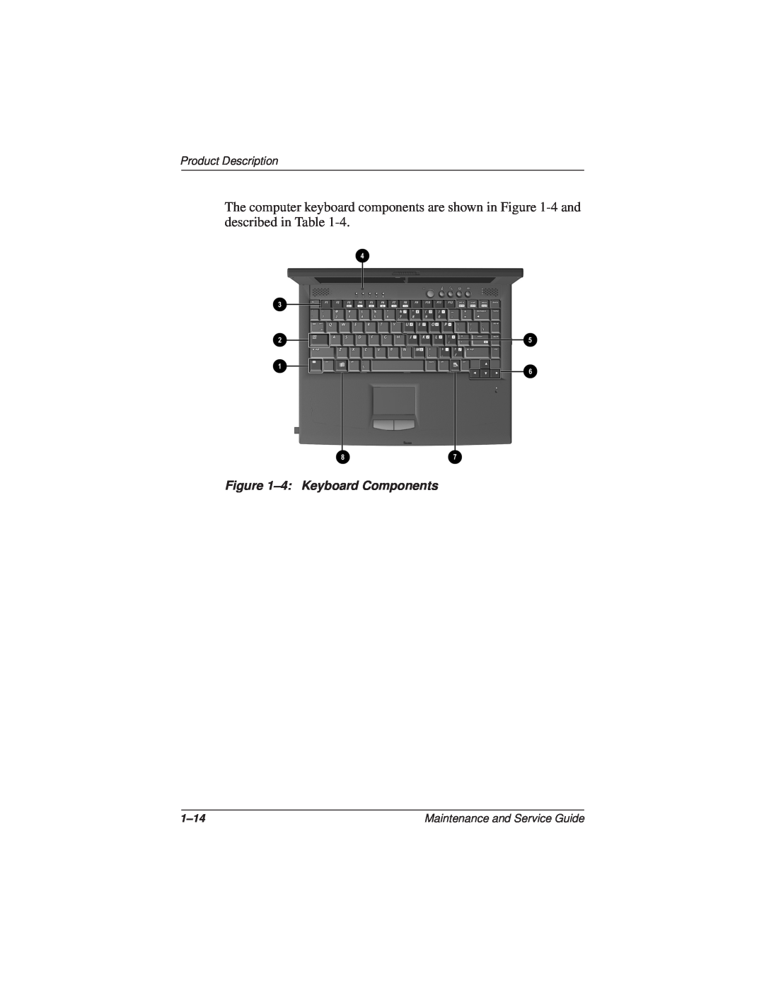 Compaq N110 manual 4 Keyboard Components, Product Description, 1-14, Maintenance and Service Guide 