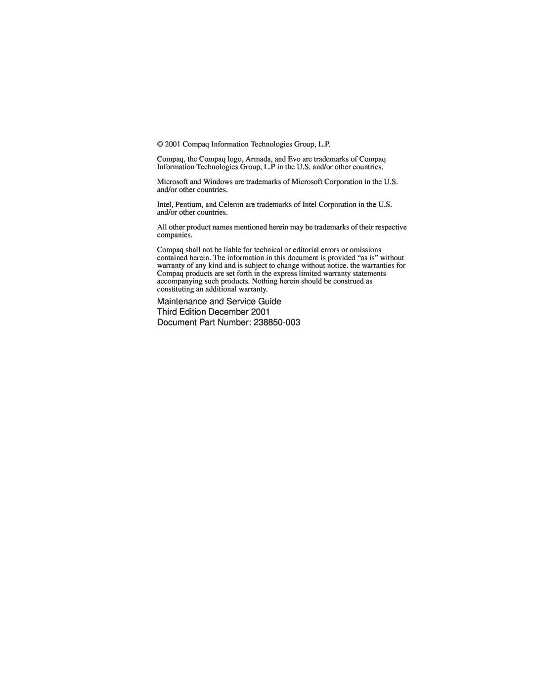 Compaq N110 manual Maintenance and Service Guide Third Edition December, Document Part Number 