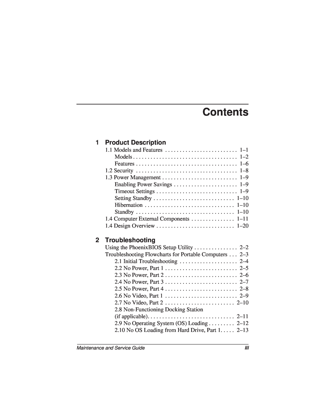 Compaq N110 manual Contents, Product Description, Troubleshooting 