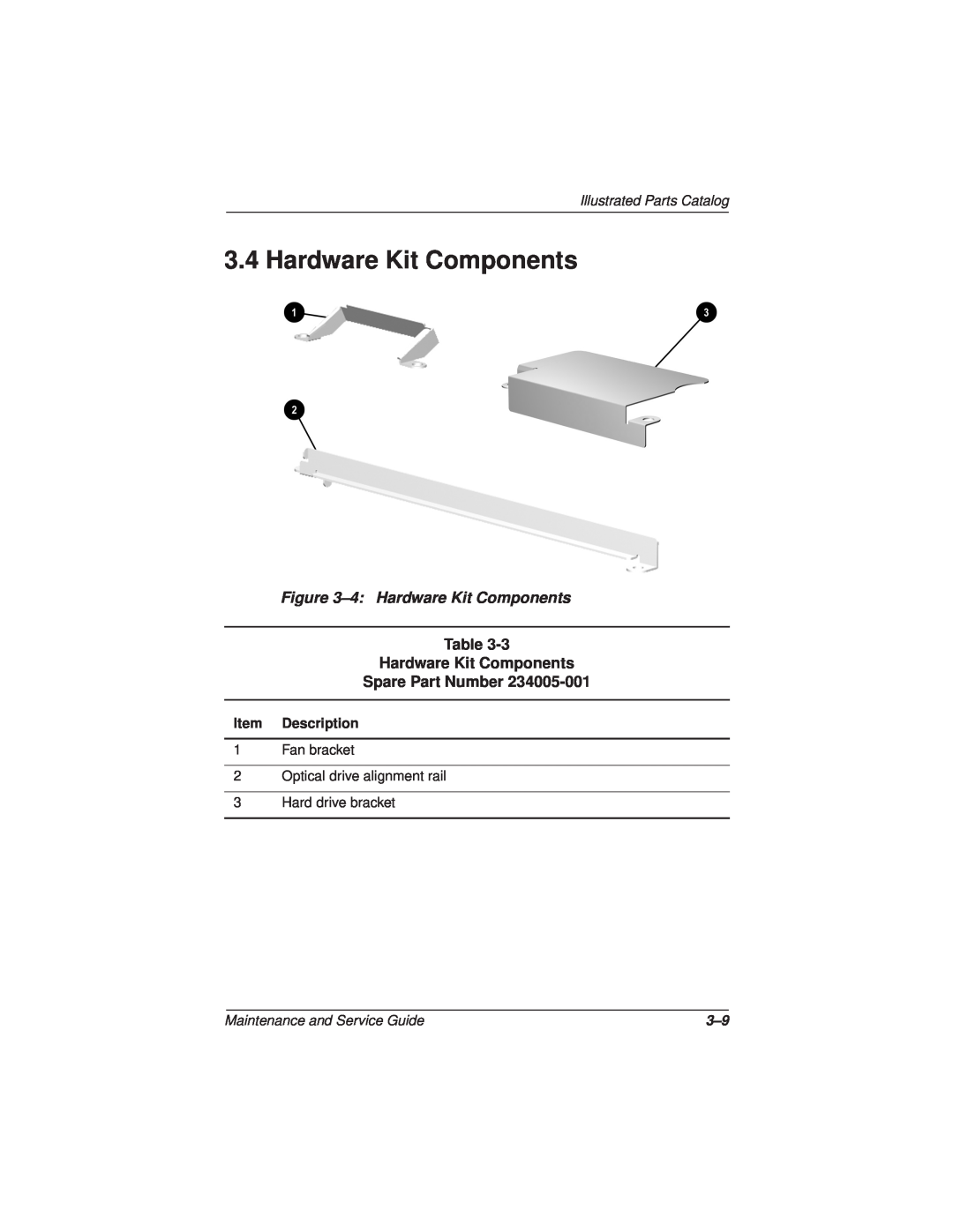 Compaq N110 manual 4 Hardware Kit Components, Hardware Kit Components Spare Part Number, Illustrated Parts Catalog 