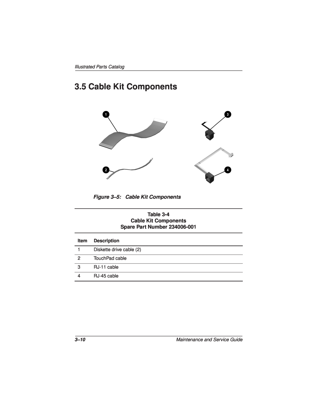 Compaq N110 manual 5 Cable Kit Components, Cable Kit Components Spare Part Number, Illustrated Parts Catalog, 3-10 