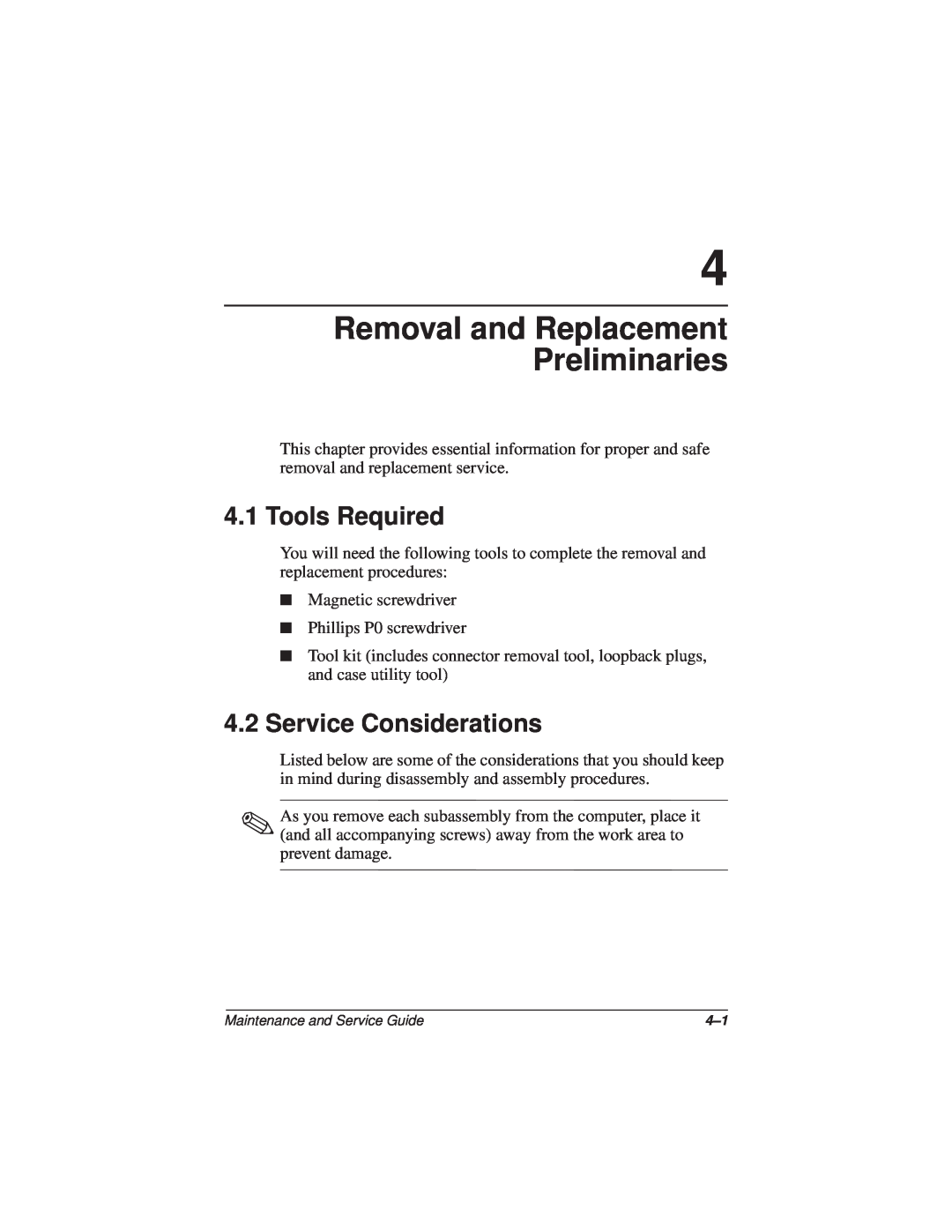 Compaq N110 manual Removal and Replacement Preliminaries, Tools Required, Service Considerations 
