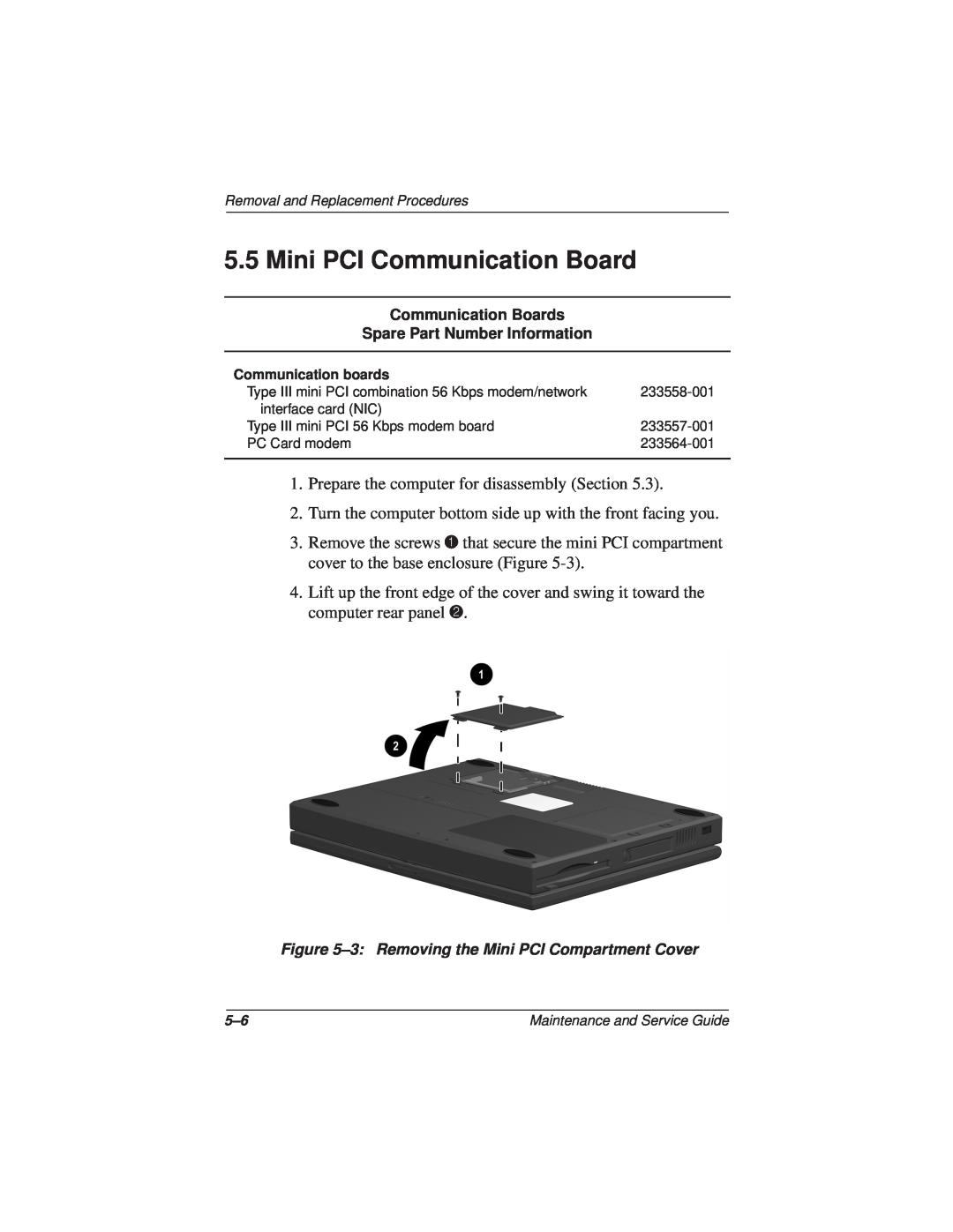 Compaq N110 manual Mini PCI Communication Board 