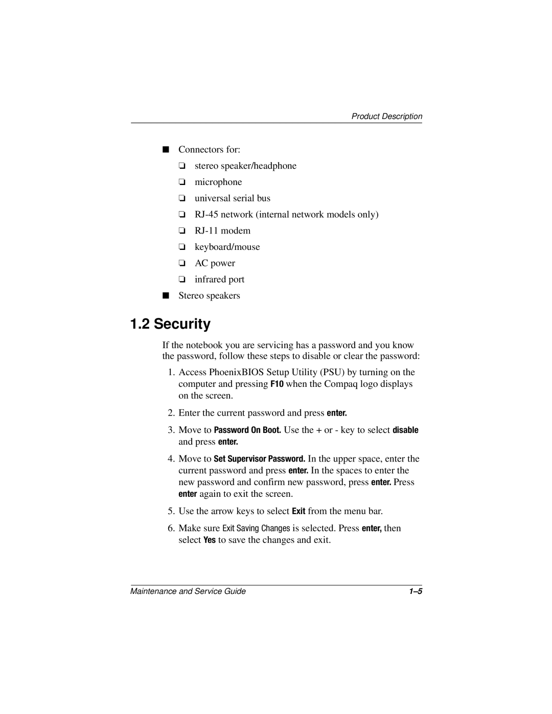 Compaq 110 manual Security 