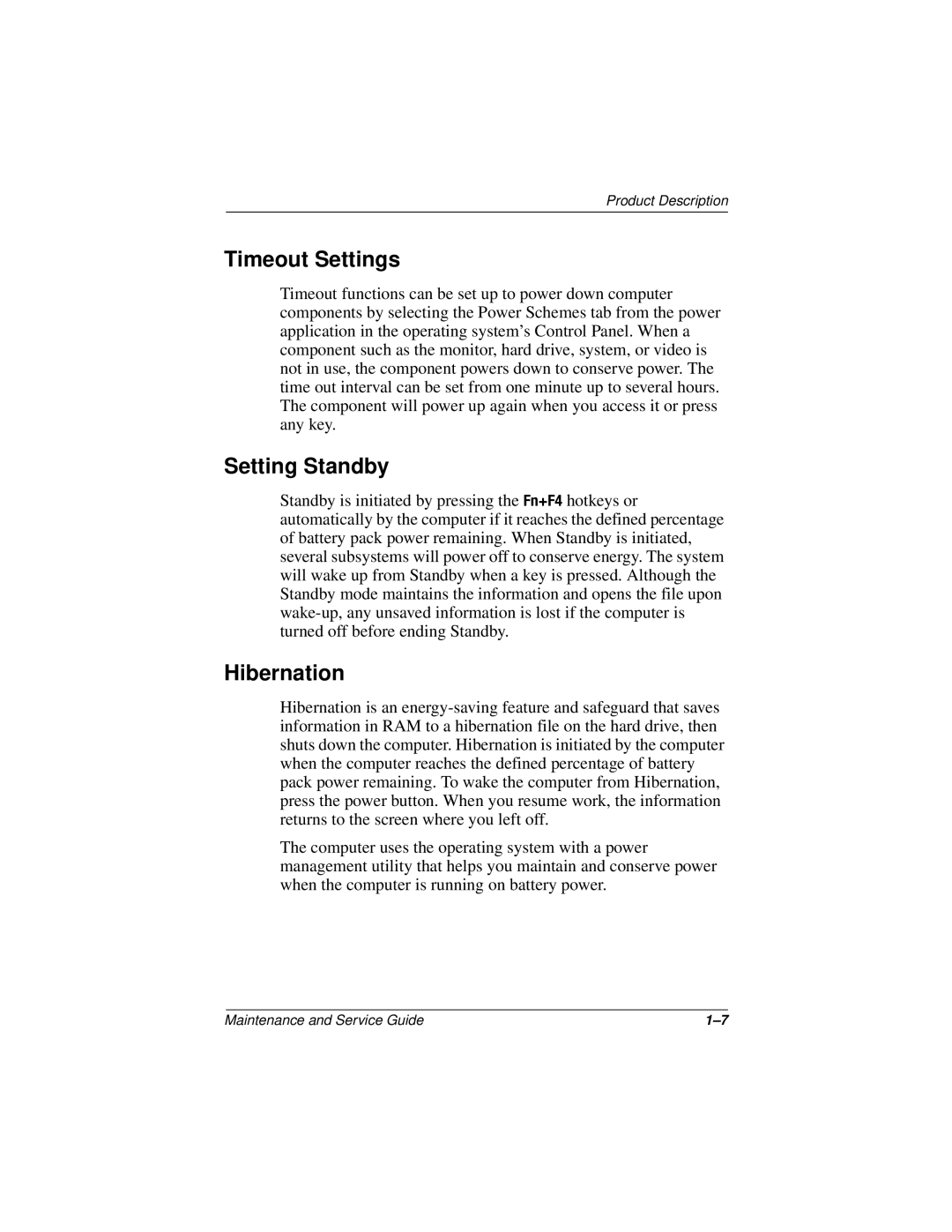 Compaq 110 manual Timeout Settings, Setting Standby, Hibernation 