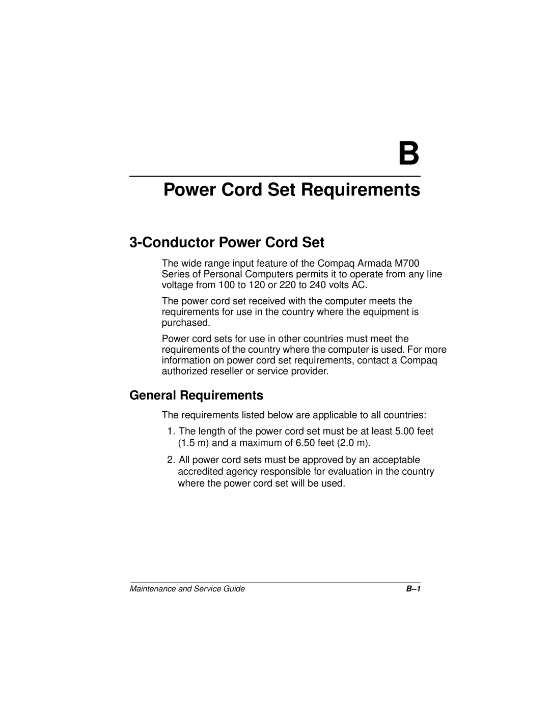 Compaq 110 manual Conductor Power Cord Set, General Requirements 