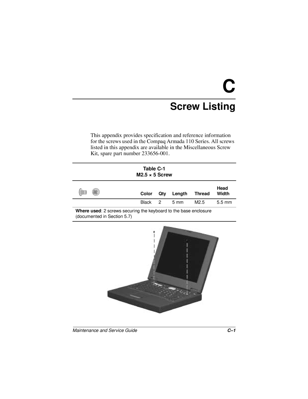 Compaq 110 manual Table C-1 M2.5 × 5 Screw, Head Color Qty Length Thread Width 