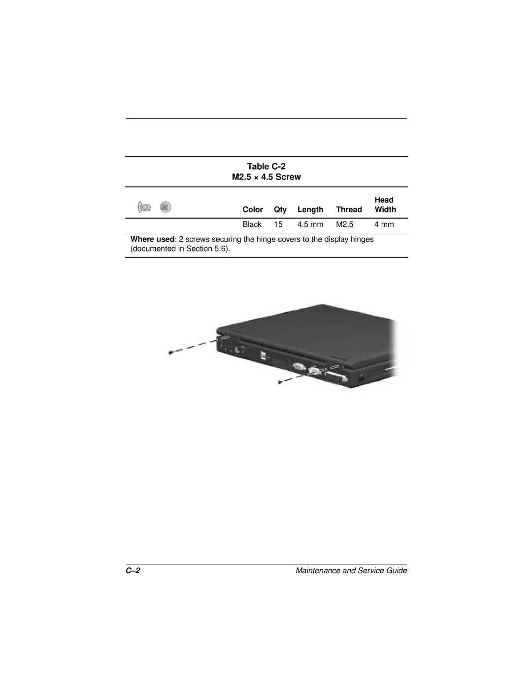 Compaq 110 manual Table C-2 M2.5 × 4.5 Screw, Head, Color Qty Length Thread Width Black M2.5 