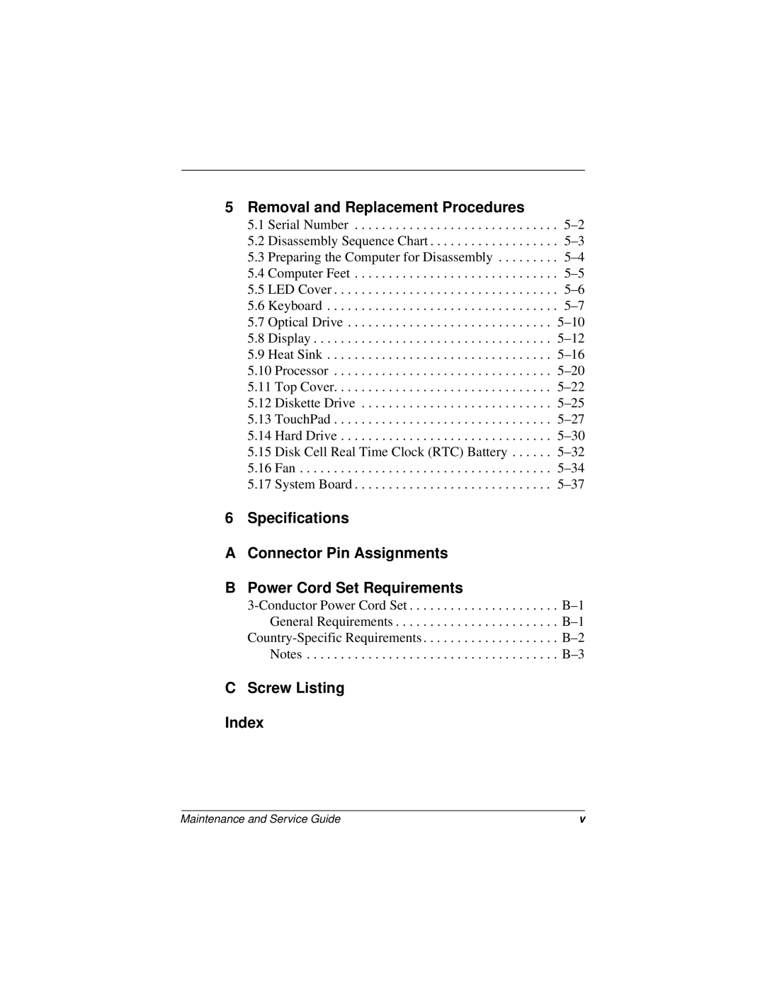 Compaq 110 manual Screw Listing Index 