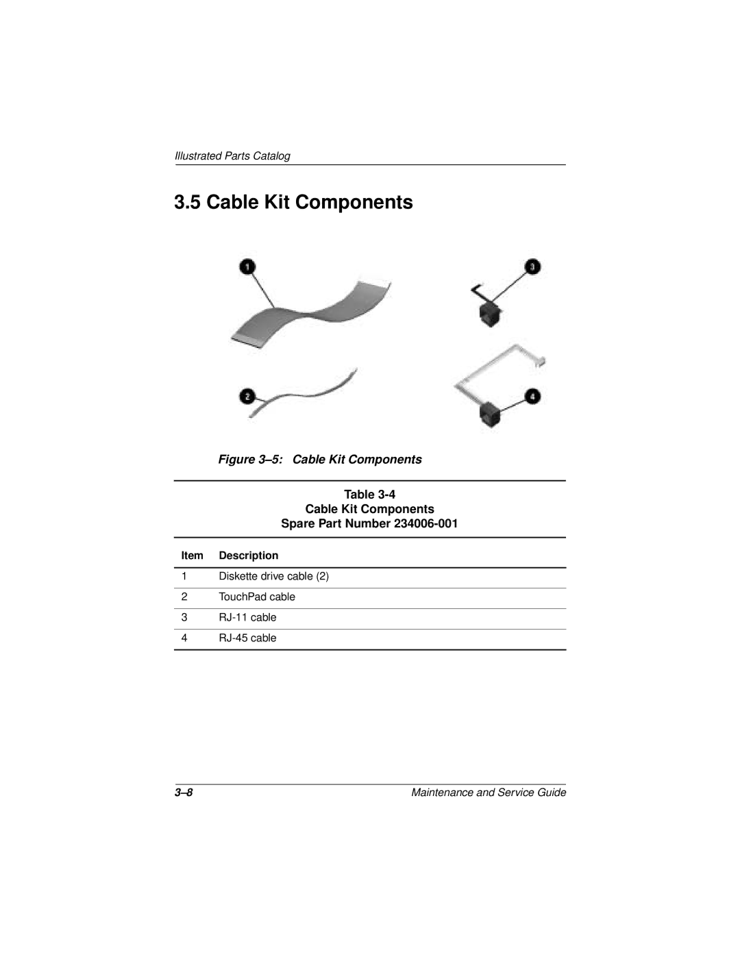 Compaq 110 manual Cable Kit Components Spare Part Number 