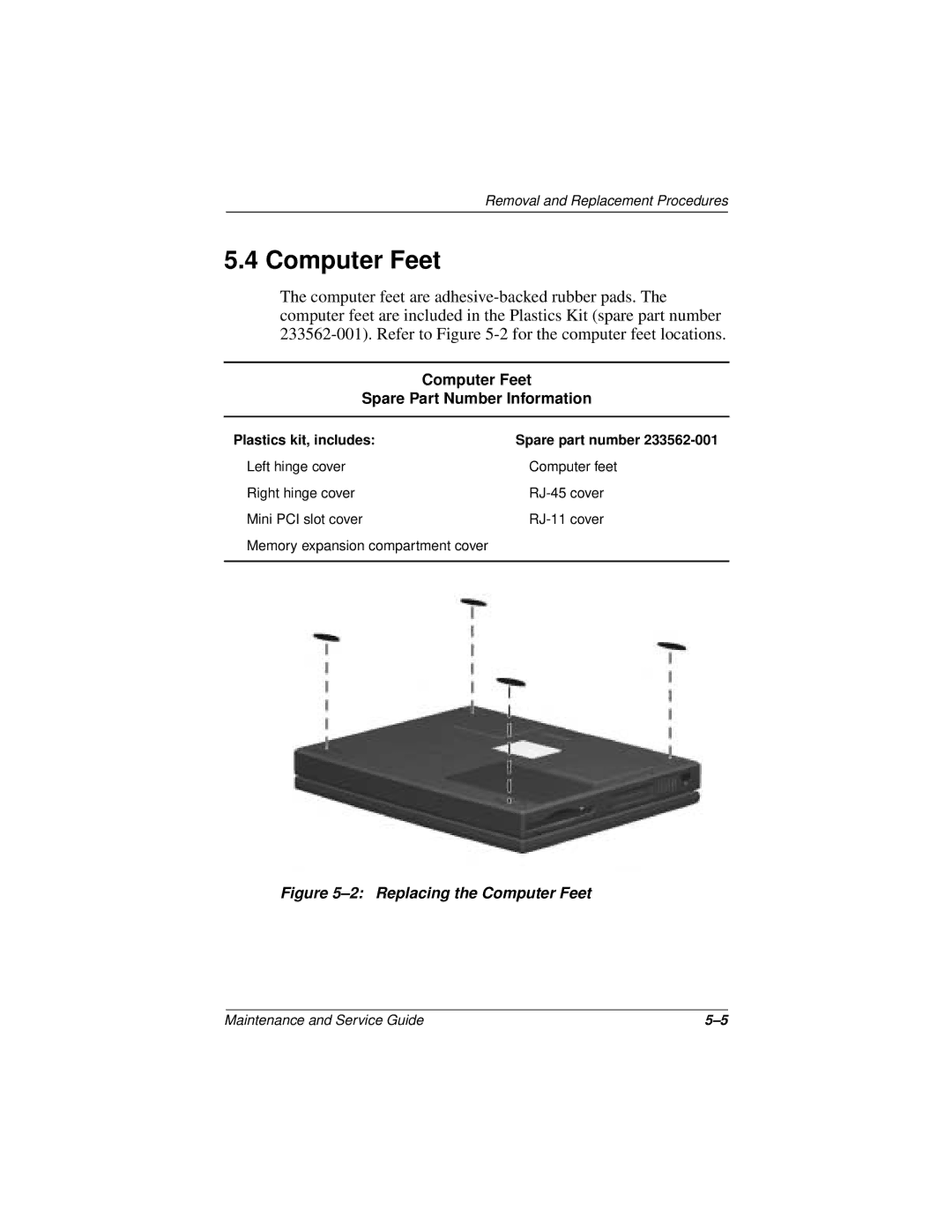 Compaq 110 manual Computer Feet Spare Part Number Information, Plastics kit, includes Spare part number 