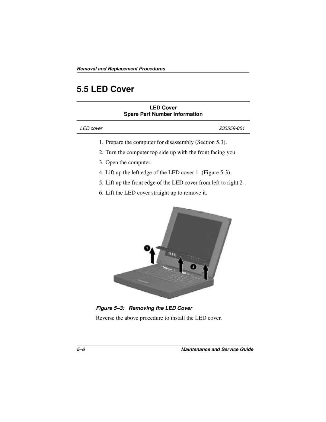 Compaq 110 manual LED Cover Spare Part Number Information 