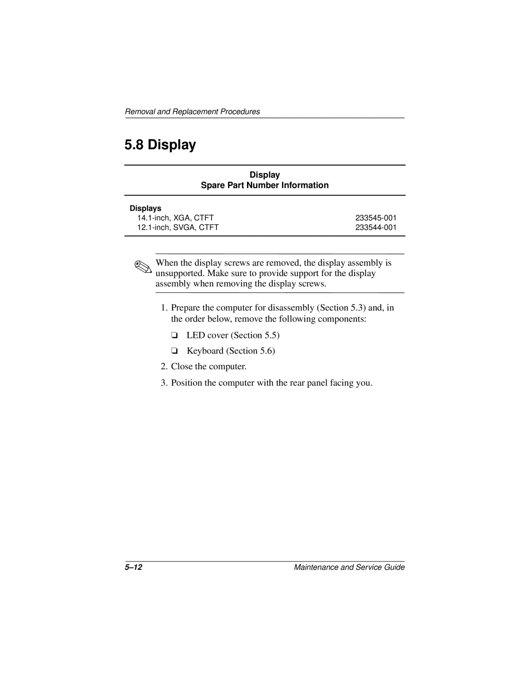 Compaq 110 manual Display Spare Part Number Information 