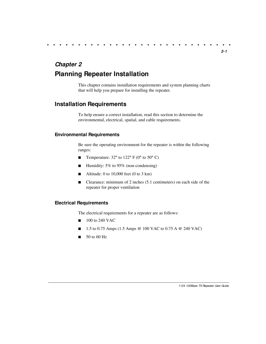 Compaq 1124 Planning Repeater Installation, Installation Requirements, Environmental Requirements, Electrical Requirements 