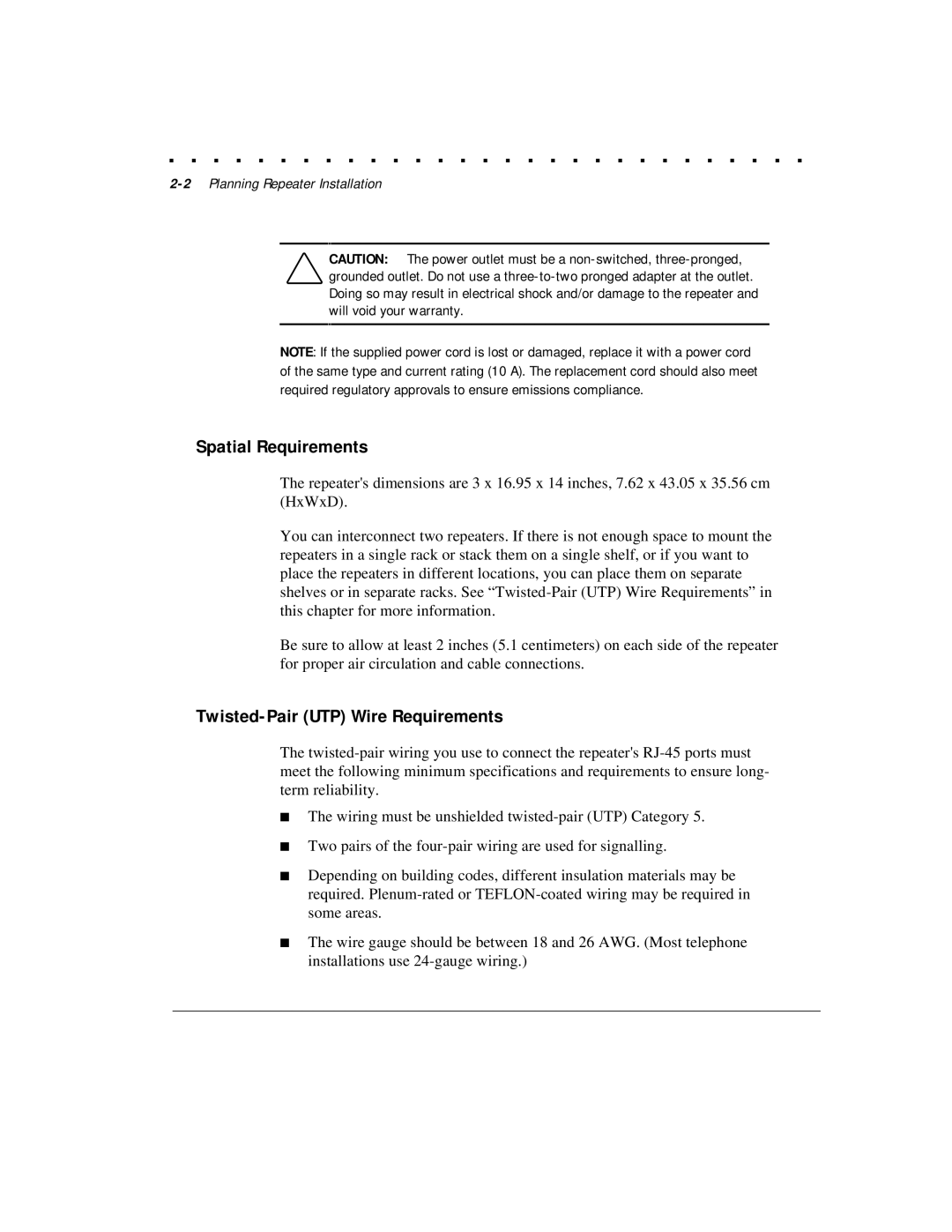 Compaq 1124 manual Spatial Requirements, Twisted-Pair UTP Wire Requirements, 2Planning Repeater Installation 