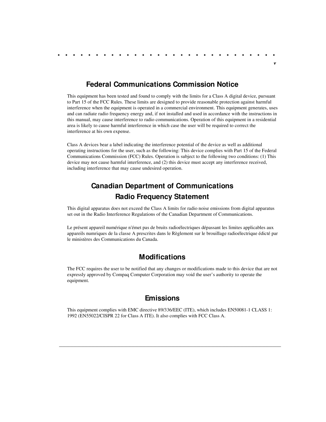 Compaq 1124 manual Federal Communications Commission Notice, Modifications, Emissions 