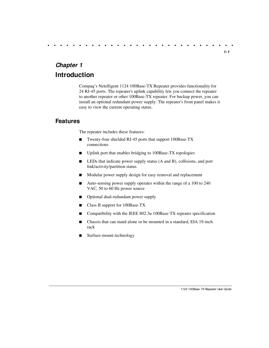 Compaq 1124 manual Introduction, Features 