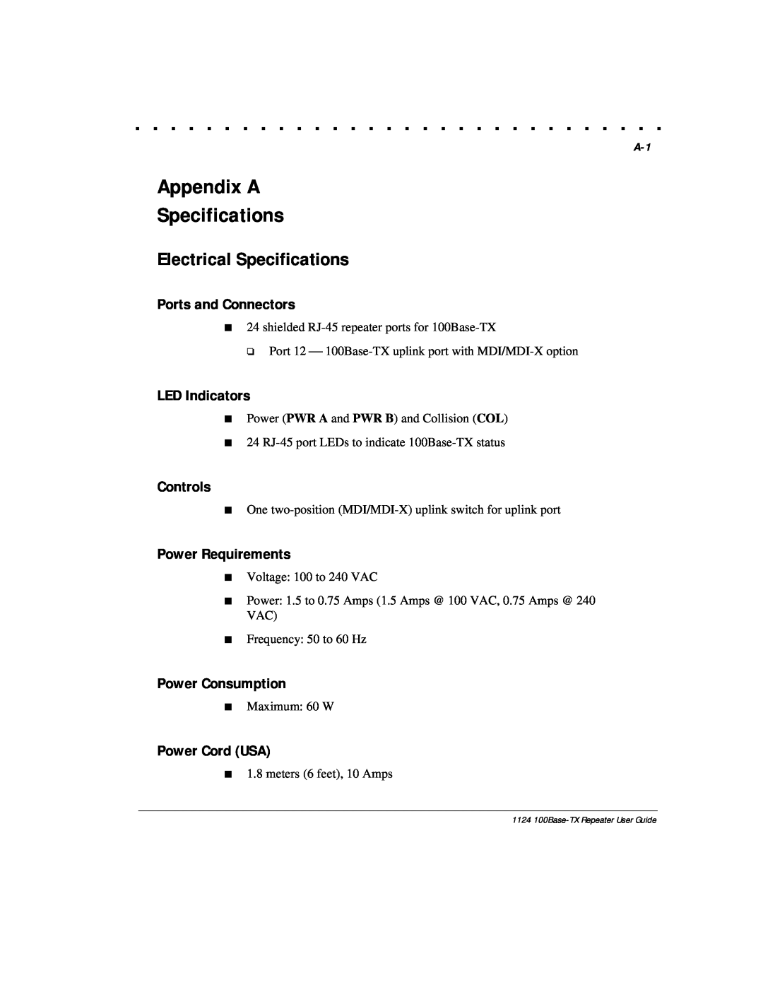 Compaq 1124 manual Appendix A Specifications, Electrical Specifications, Ports and Connectors, Controls, Power Requirements 