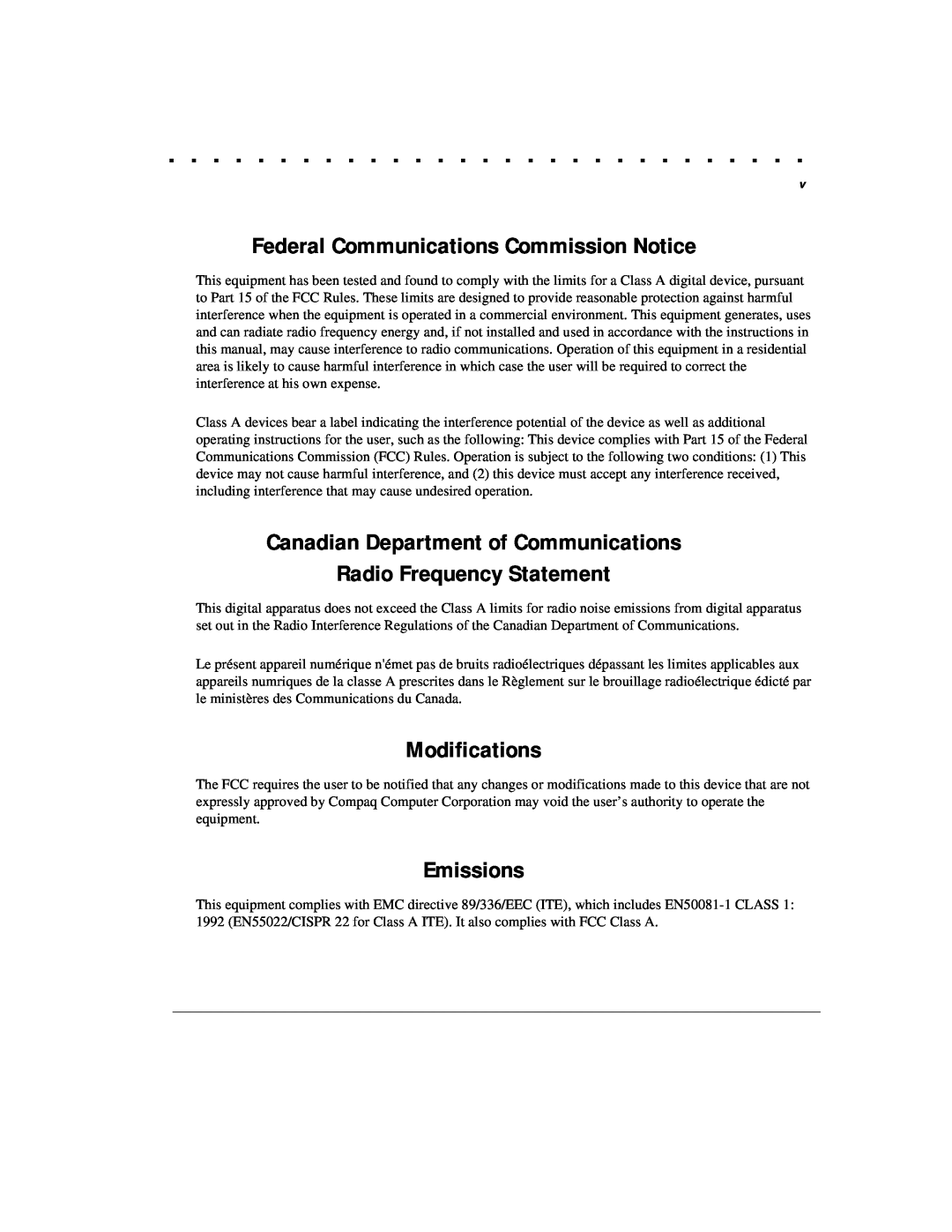 Compaq 1124 Federal Communications Commission Notice, Canadian Department of Communications Radio Frequency Statement 
