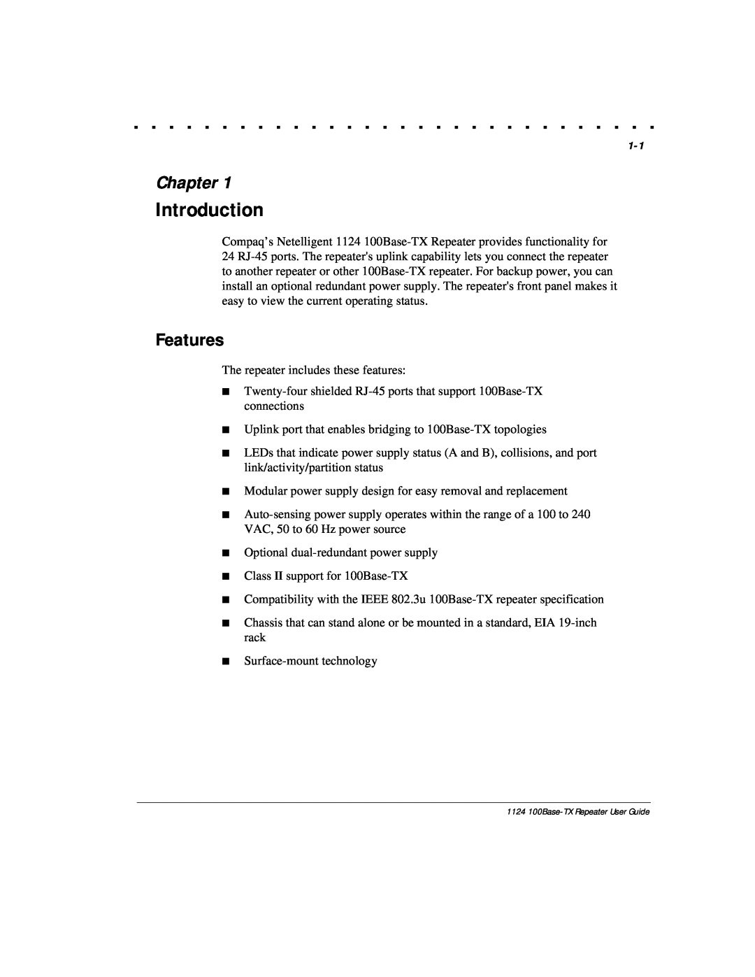 Compaq 1124 manual Introduction, Chapter, Features 