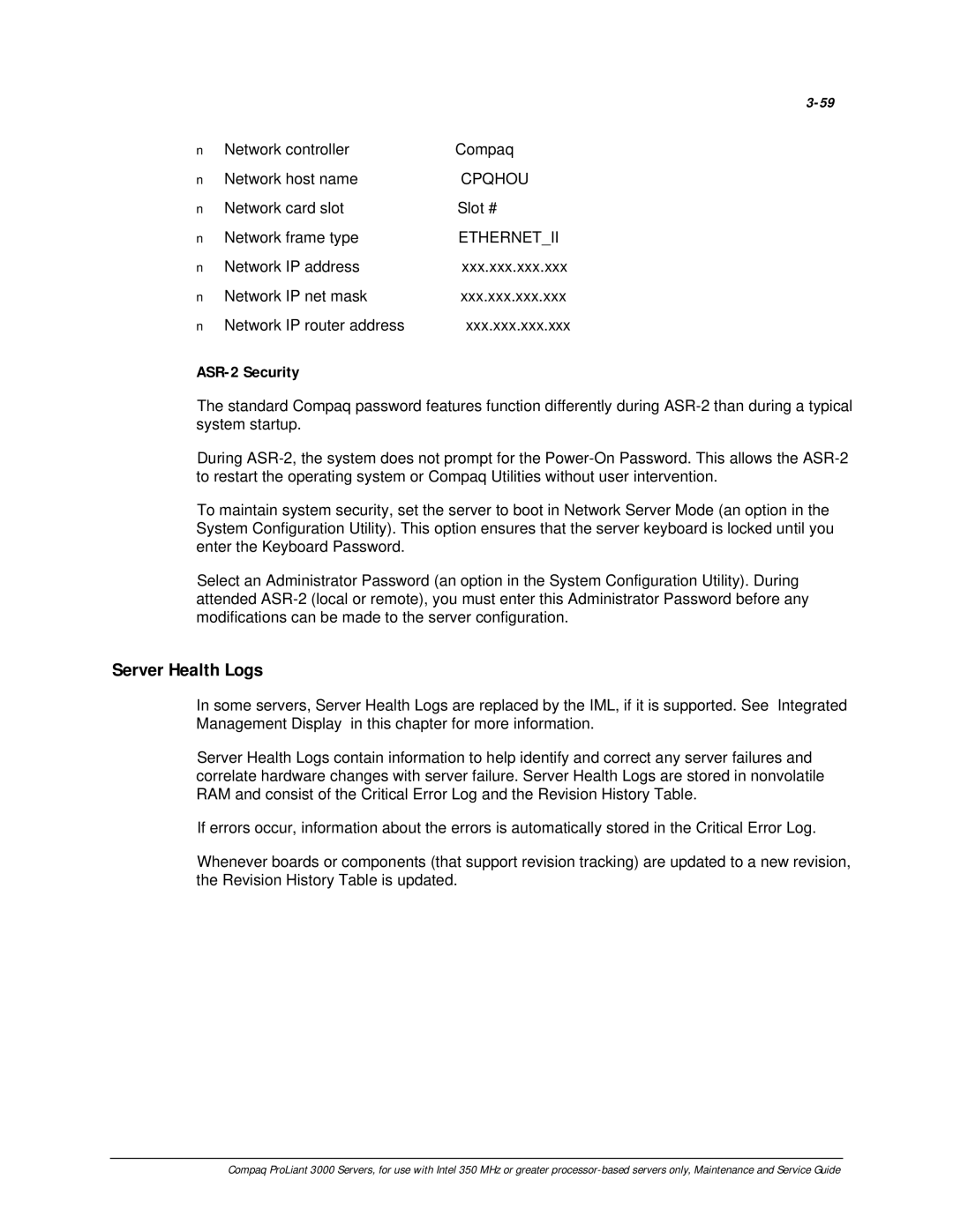 Compaq 113803-001 manual Server Health Logs, ASR-2 Security 