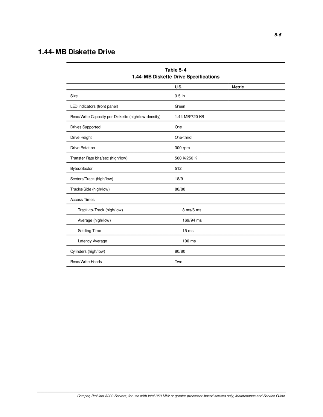 Compaq 113803-001 manual MB Diskette Drive Specifications, Size LED Indicators front panel, 44 MB/720 KB 