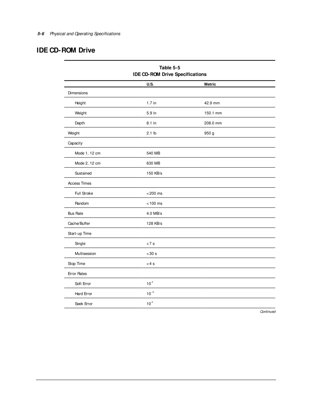 Compaq 113803-001 manual IDE CD-ROM Drive Specifications, 10-6 