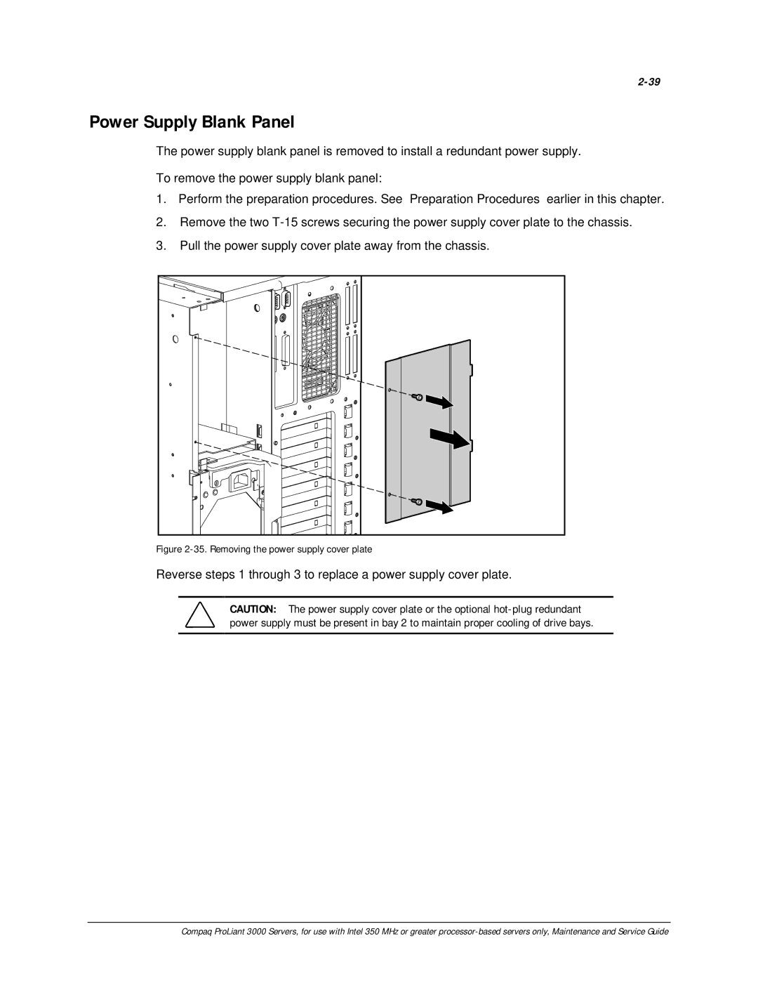 Compaq 113803-001 manual Power Supply Blank Panel, Removing the power supply cover plate 