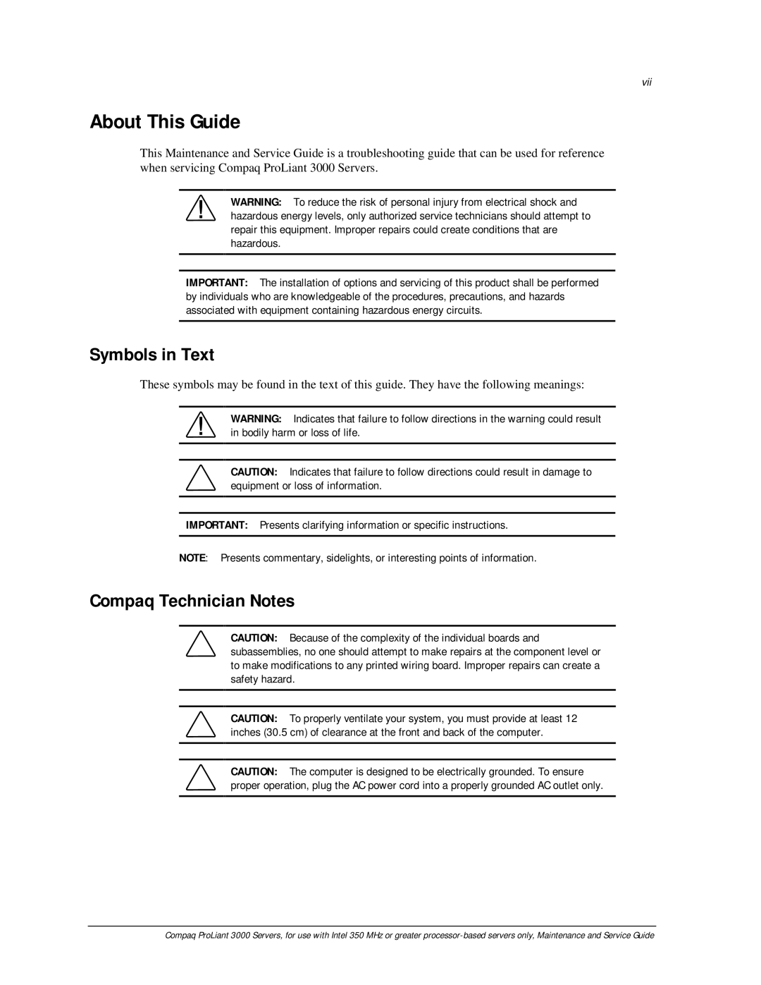 Compaq 113803-001 manual Symbols in Text, Compaq Technician Notes 