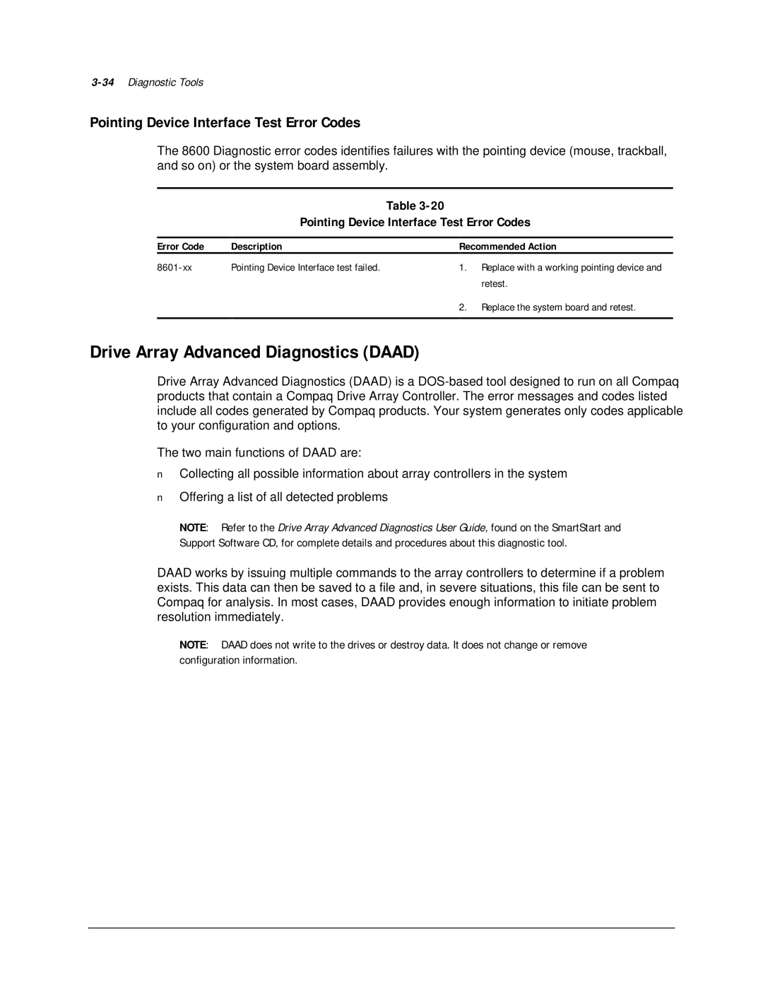 Compaq 113803-001 manual Drive Array Advanced Diagnostics Daad, Pointing Device Interface Test Error Codes 