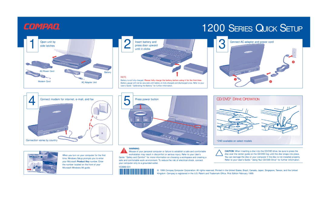 Compaq 1200 manual Series Quick Setup, CD/DVD* Drive Operation 