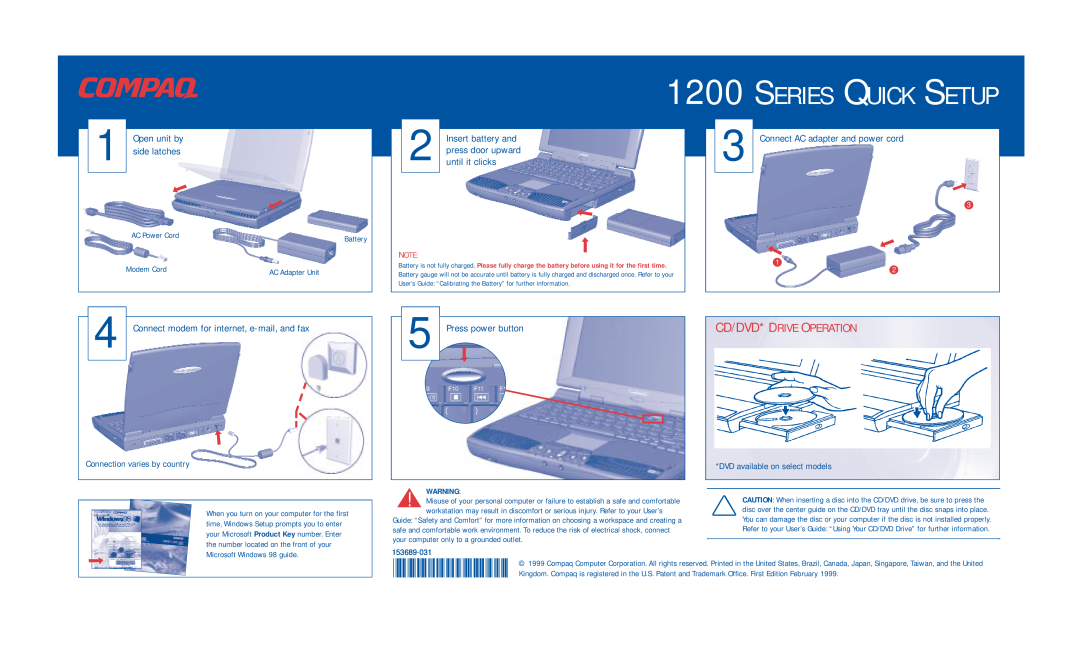 Compaq 1200 manual Cd/Dvd* Drive Operation, Series Quick Setup, Open unit by, side latches, Connection varies by country 