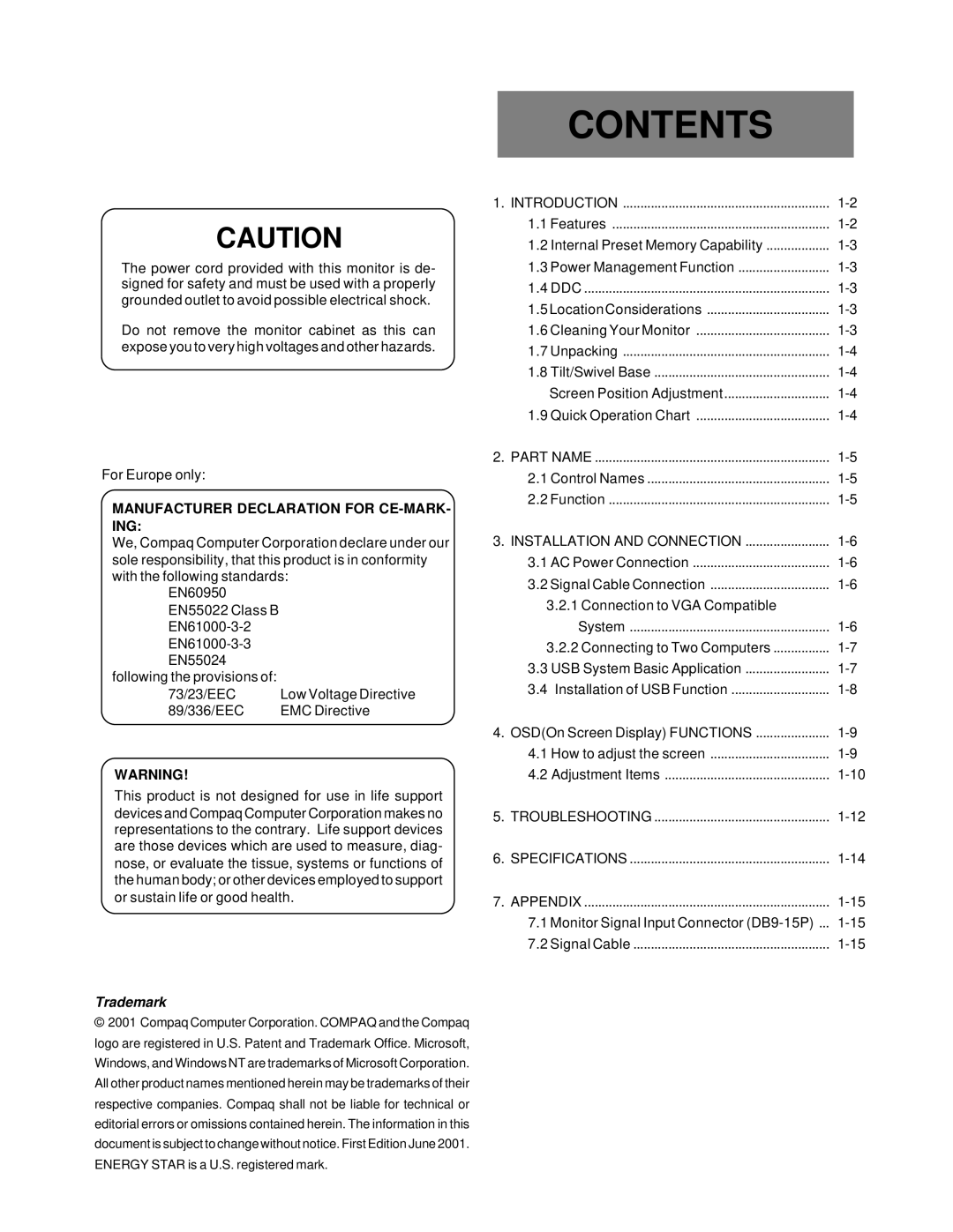 Compaq 1220 manual Contents 