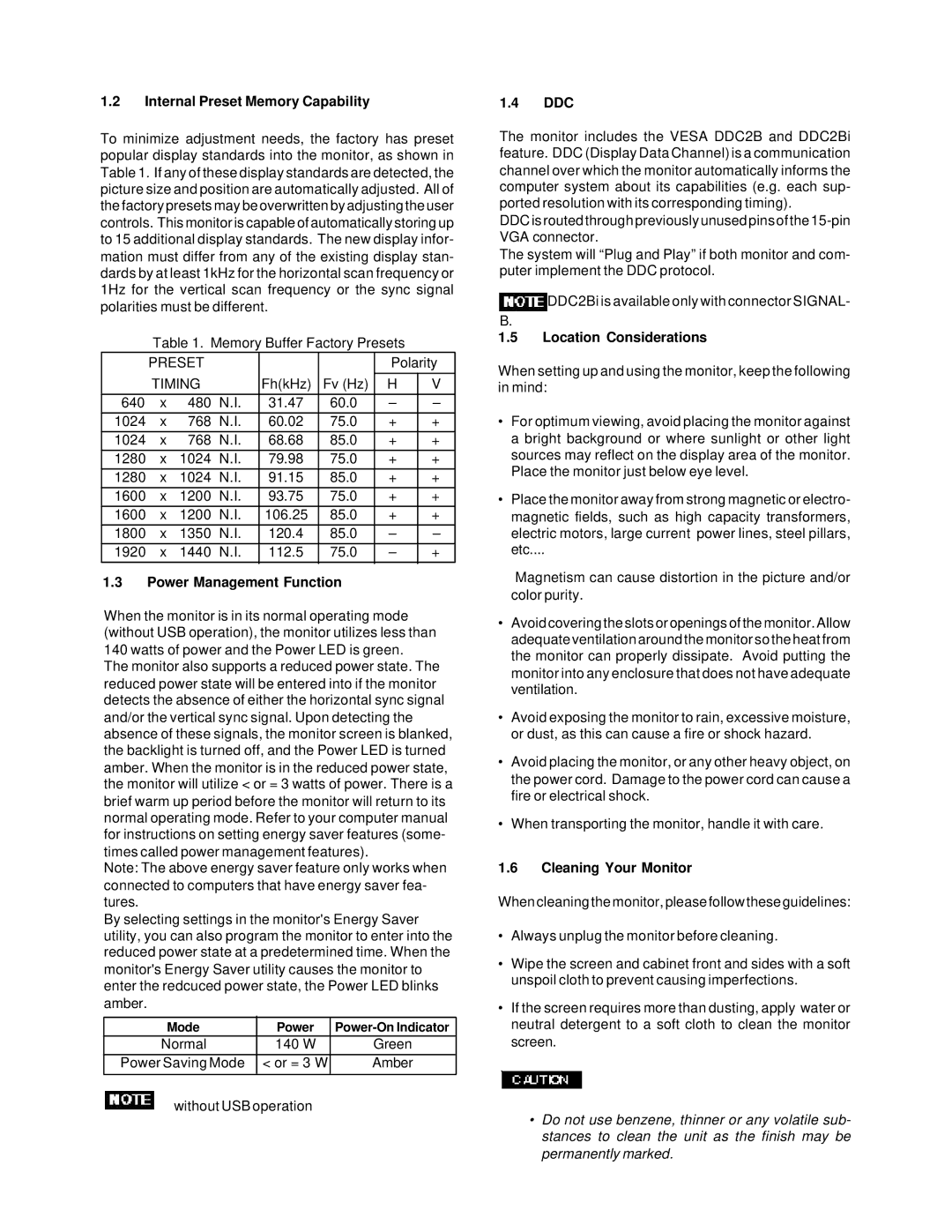 Compaq 1220 manual Internal Preset Memory Capability, Power Management Function, Ddc, Location Considerations 