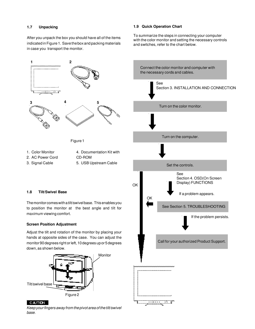 Compaq 1220 manual Unpacking, Quick Operation Chart, Cd-Rom, Tilt/Swivel Base, Screen Position Adjustment 